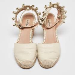 Pre Owned Valentino White Leather Rockstud Wedge Espadrille Ankle Strap Sandals Size 38