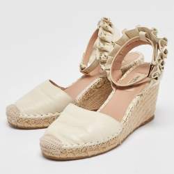 Pre Owned Valentino White Leather Rockstud Wedge Espadrille Ankle Strap Sandals Size 38