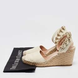 Pre Owned Valentino White Leather Rockstud Wedge Espadrille Ankle Strap Sandals Size 38