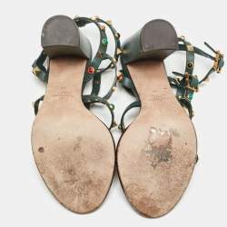 Pre Owned Valentino Dark Green Leather Rolling Rockstud Ankle Strap Sandals Size 38