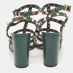 Pre Owned Valentino Dark Green Leather Rolling Rockstud Ankle Strap Sandals Size 38