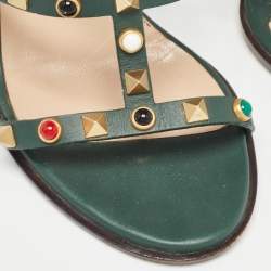 Pre Owned Valentino Dark Green Leather Rolling Rockstud Ankle Strap Sandals Size 38