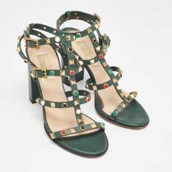 Pre Owned Valentino Dark Green Leather Rolling Rockstud Ankle Strap Sandals Size 38