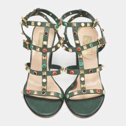 Pre Owned Valentino Dark Green Leather Rolling Rockstud Ankle Strap Sandals Size 38