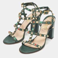 Pre Owned Valentino Dark Green Leather Rolling Rockstud Ankle Strap Sandals Size 38