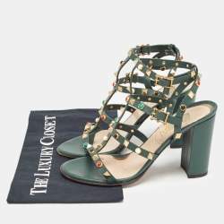 Pre Owned Valentino Dark Green Leather Rolling Rockstud Ankle Strap Sandals Size 38