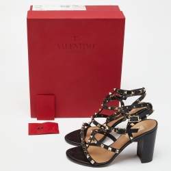 Pre Owned Valentino Black Leather Rockstud Ankle Strap Block Heel Sandals Size 38.5