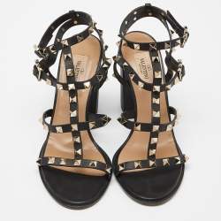 Pre Owned Valentino Black Leather Rockstud Ankle Strap Block Heel Sandals Size 38.5