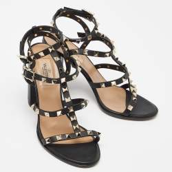 Pre Owned Valentino Black Leather Rockstud Ankle Strap Block Heel Sandals Size 38.5