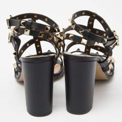 Pre Owned Valentino Black Leather Rockstud Ankle Strap Block Heel Sandals Size 38.5