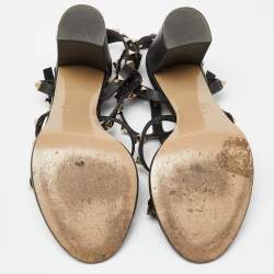 Pre Owned Valentino Black Leather Rockstud Ankle Strap Block Heel Sandals Size 38.5