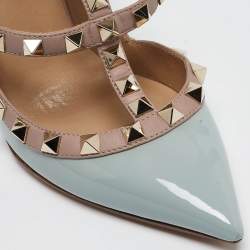 Pre Owned Valentino Light Blue/Old Rose Patent Leather Rockstud Ankle Strap Pumps Size 34