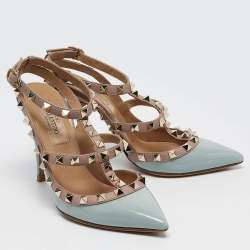 Pre Owned Valentino Light Blue/Old Rose Patent Leather Rockstud Ankle Strap Pumps Size 34