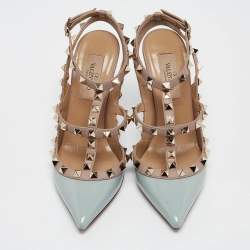 Pre Owned Valentino Light Blue/Old Rose Patent Leather Rockstud Ankle Strap Pumps Size 34