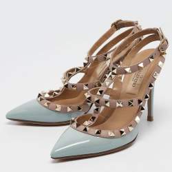 Pre Owned Valentino Light Blue/Old Rose Patent Leather Rockstud Ankle Strap Pumps Size 34