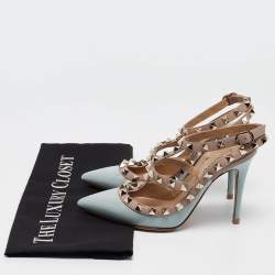 Pre Owned Valentino Light Blue/Old Rose Patent Leather Rockstud Ankle Strap Pumps Size 34