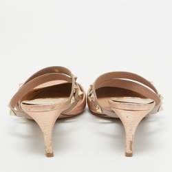 Pre Owned Valentino Metallic Peach Leather Rockstud Heel Mules Size 37.5
