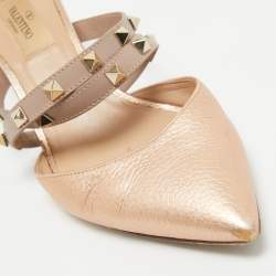 Pre Owned Valentino Metallic Peach Leather Rockstud Heel Mules Size 37.5