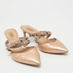 Pre Owned Valentino Metallic Peach Leather Rockstud Heel Mules Size 37.5