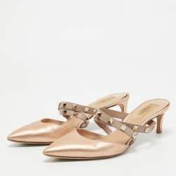 Pre Owned Valentino Metallic Peach Leather Rockstud Heel Mules Size 37.5
