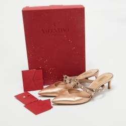 Pre Owned Valentino Metallic Peach Leather Rockstud Heel Mules Size 37.5