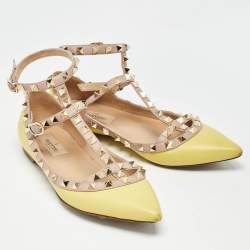 Valentino Yellow Leather Rockstud Strappy Ballet Flats Size 36