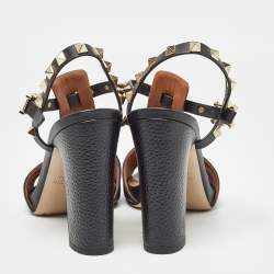 Pre Owned Valentino Black Leather Rockstud Open Toe Block Heel Ankle Strap Sandals Size 36