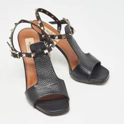 Pre Owned Valentino Black Leather Rockstud Open Toe Block Heel Ankle Strap Sandals Size 36