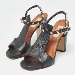 Pre Owned Valentino Black Leather Rockstud Open Toe Block Heel Ankle Strap Sandals Size 36