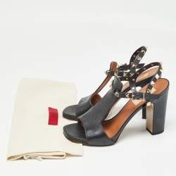 Pre Owned Valentino Black Leather Rockstud Open Toe Block Heel Ankle Strap Sandals Size 36