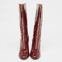 Valentino Burgundy Patent Leather Zip Detail Mid Calf Boots Size 40