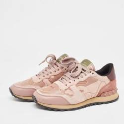 Valentino Pink/Beige Leather and Suede Camouflage Rockrunner Low Top Sneakers Size 37