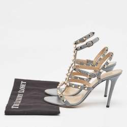 Pre Owned Valentino Grey Leather Rockstud Ankle Strap Sandals Size 38