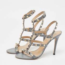 Pre Owned Valentino Grey Leather Rockstud Ankle Strap Sandals Size 38