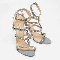 Pre Owned Valentino Grey Leather Rockstud Ankle Strap Sandals Size 38