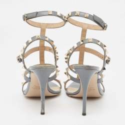 Pre Owned Valentino Grey Leather Rockstud Ankle Strap Sandals Size 38