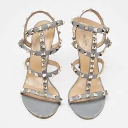 Pre Owned Valentino Grey Leather Rockstud Ankle Strap Sandals Size 38