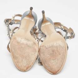Pre Owned Valentino Grey Leather Rockstud Ankle Strap Sandals Size 38
