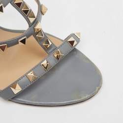 Pre Owned Valentino Grey Leather Rockstud Ankle Strap Sandals Size 38