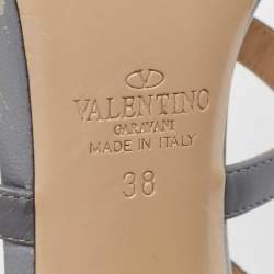 Pre Owned Valentino Grey Leather Rockstud Ankle Strap Sandals Size 38