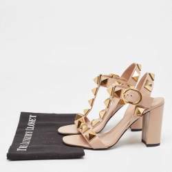 Pre Owned Valentino Pink Leather Roman Stud Block Heel Ankle Strap Sandals Size 36