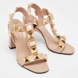 Pre Owned Valentino Pink Leather Roman Stud Block Heel Ankle Strap Sandals Size 36