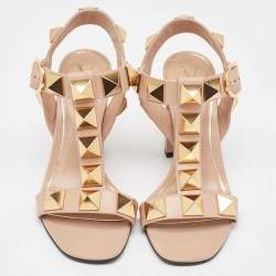 Pre Owned Valentino Pink Leather Roman Stud Block Heel Ankle Strap Sandals Size 36