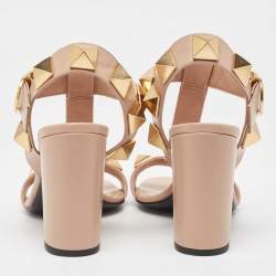 Pre Owned Valentino Pink Leather Roman Stud Block Heel Ankle Strap Sandals Size 36