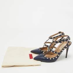 Pre Owned Valentino Navy Blue Leather Rockstud Pumps Size 38