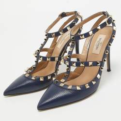 Pre Owned Valentino Navy Blue Leather Rockstud Pumps Size 38