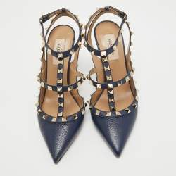 Pre Owned Valentino Navy Blue Leather Rockstud Pumps Size 38