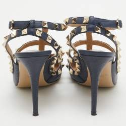 Pre Owned Valentino Navy Blue Leather Rockstud Pumps Size 38