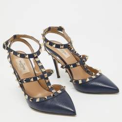 Pre Owned Valentino Navy Blue Leather Rockstud Pumps Size 38