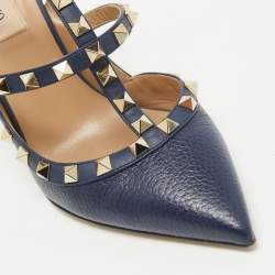 Pre Owned Valentino Navy Blue Leather Rockstud Pumps Size 38
